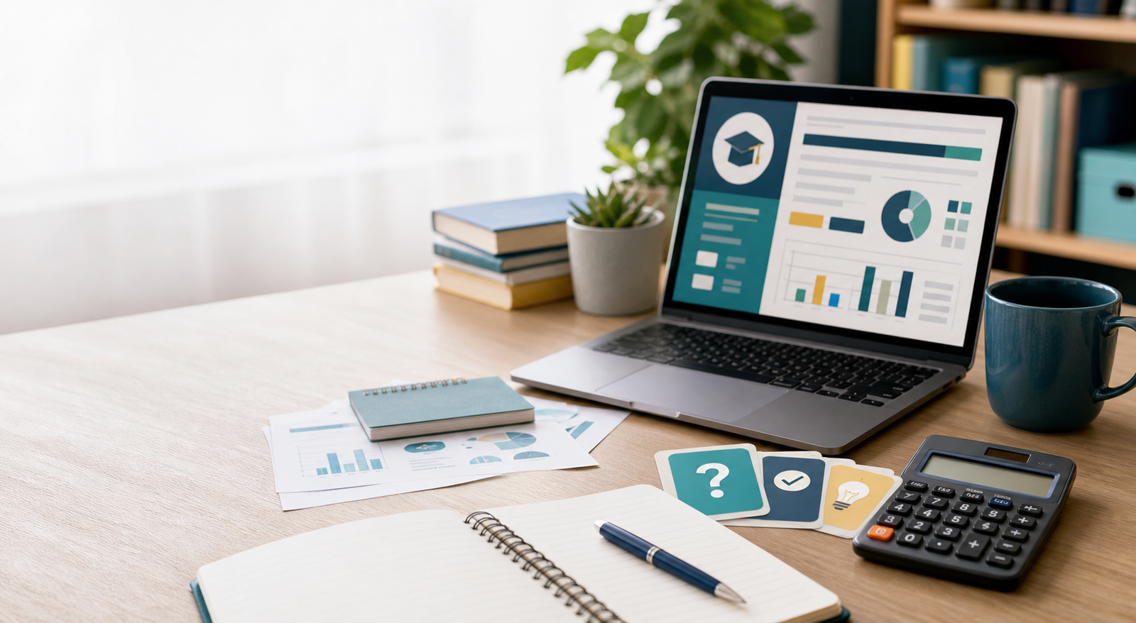 Notebook, calculator, charts, and laptop used for learning personal finance basics